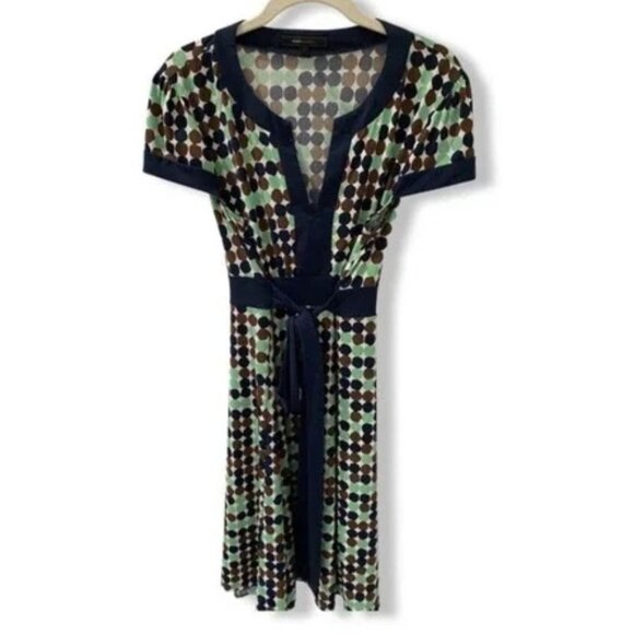BCBG MaxAzria Women's Size Medium Green and Blue Polka Dot Dress With Tie Sash - Picture 2 of 6